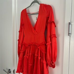 Bardot Red Long Sleeve Ruffle Mini Dress